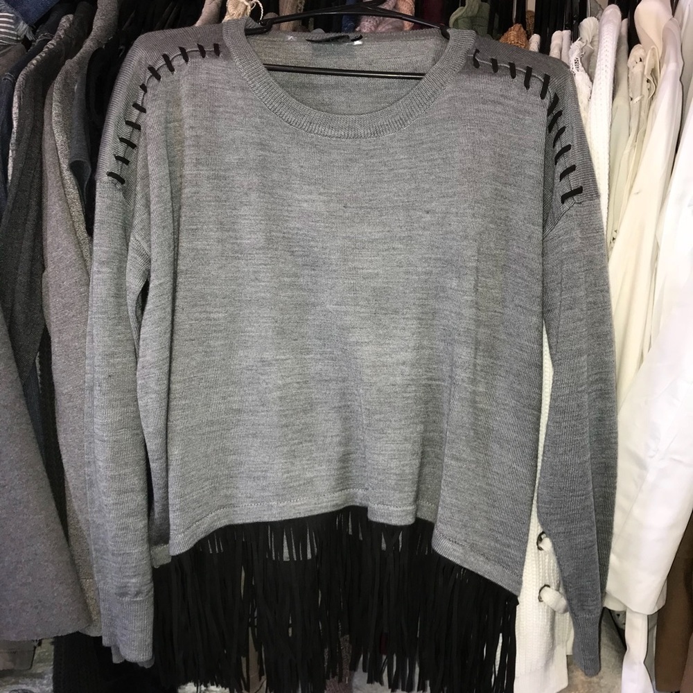 Cozy Grey Fringe Sweater